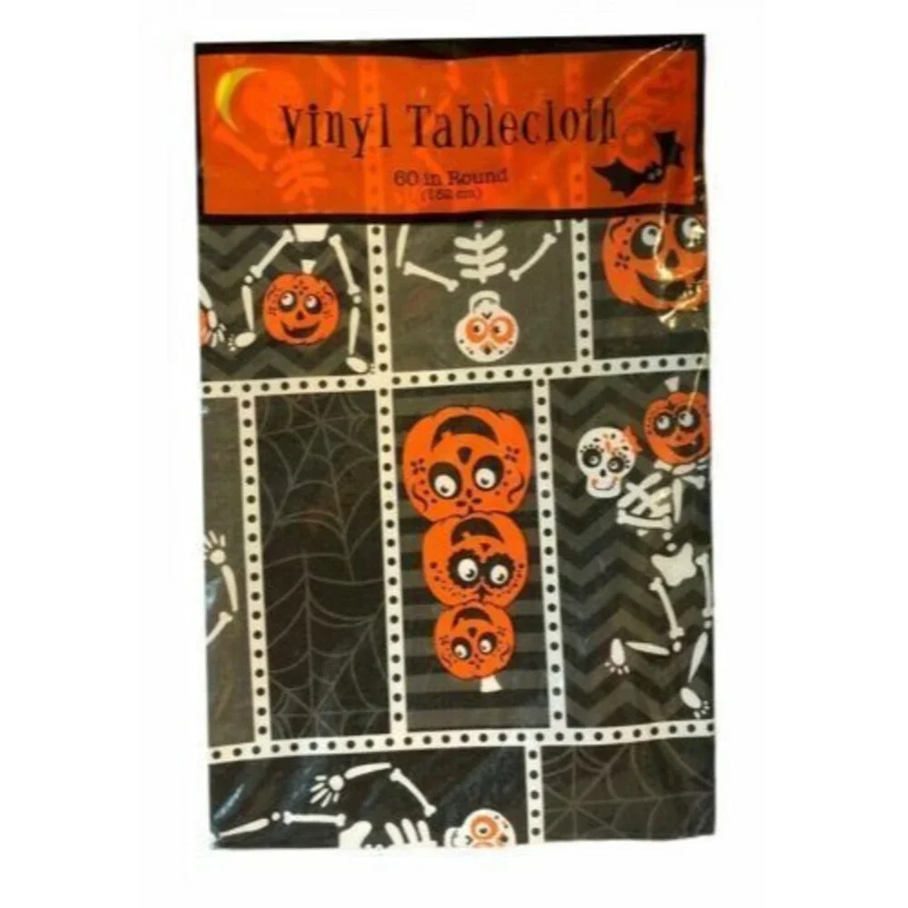 Halloween Tablecloth Skeletons Pumpkins Vinyl Flannel Backed Spider Webs 60